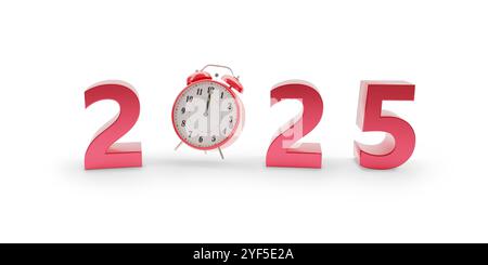 Jahr 2025 in drei Dimensionen mit Uhr isoliert auf weißem Hintergrund. Neujahrskonzept. 3D-Abbildung. Stockfoto