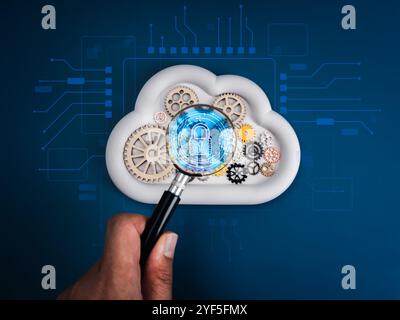 Cloud-Computing-Infrastrukturtechnologie, Sicherheitsdatensysteme Storage-Servicekonzept. Digitales Sicherheitsvorhängeschloss in Lupe, auf Wolke mit dem Menschen Stockfoto
