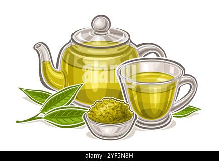Vektor-Logo für Green Tea Drink, horizontales Poster mit Zeichentrickdesign traditionelle Teekomposition, dekoratives Plakat mit frischem grünem Tee im Glas t Stock Vektor