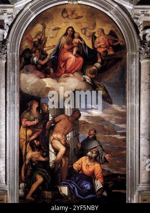 Martyrium von St. Sebastian, 1558, von Paolo Caliari, bekannt als Veronese (1528–1588), Altarbild in der St. Sebastian Kirche, Venedig. Italien, 16. Jahrhundert. (Foto: DeAgostini/Getty Images) Stockfoto