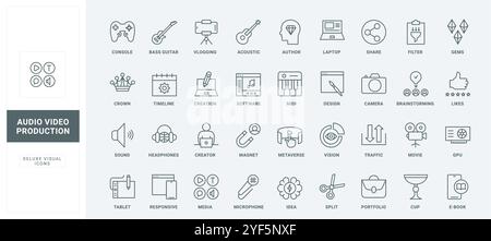 Dienstleistungen der Projektorganisation für Ersteller, Editor-Tools dünne schwarze Kontur Symbole Vektor-Illustration. Video- und Audioproduktion, Erstellung von Inhalten, die in sozialen Medien geteilt werden können. Stock Vektor