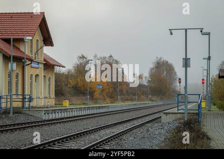 Nebeliger kalter Morgen in der Nähe eines kleinen Bahnhofs in der Nähe des Armeegebiets in Polna na Sumave CZ 10 27 2024 Stockfoto