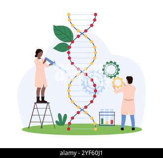 Forscher beschäftigen sich mit der präzisen Gentechnik und passen DNA-Sequenzen mit Hightech-Werkzeugen und Zahnrädern an, was bahnbrechende Biotechnologie-Vektorillustration darstellt Stock Vektor