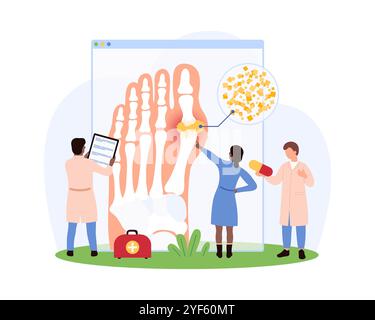 Ärzte untersuchen die Fuß-Arthritis eines Patienten mit einem Röntgenbild und medizinischen Werkzeugen, diskutieren Entzündung und Behandlung in einer klinischen Umgebung Vektor-Illustration. Stock Vektor