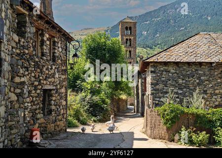 BOHI-Taull;Spanien;07182022: Eine malerische Dorfszene mit Steinhäusern, einem Glockenturm und Gänsen, die auf einem schmalen Pfad spazieren. Üppiges Grün Surro Stockfoto