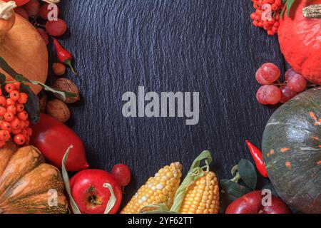 Agrarrahmen für den Herbst aus Obst und Gemüse mit Platz für Text auf Schieferhintergrund. Ernteferienkonzept. Flach liegend, Draufsicht Stockfoto