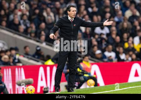 London, Großbritannien. November 2024. Tottenham Hotspur Stadion LONDON, ENGLAND – 03. NOVEMBER: Aston Villa Head Coach Unai Emery reagiert am 3. November im Tottenham Hotspur Stadium 2024 in London, England, während des 10. Matchweek-Spiels der Premier League 2024/25 zwischen Tottenham Hotspur FC und Aston Villa FC. (David Horton/SPP) Credit: SPP Sport Press Photo. /Alamy Live News Stockfoto