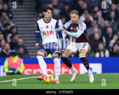 London, Großbritannien. November 2024. London, England - 3. November: Aston Villa's Matty Cash (rechts) kämpft gegen Tottenham Hotspur's Heung-Min Sohn (links) während des Premier League 2024/25 League-Spiels zwischen Tottenham Hotspur FC und Aston Villa FC im Tottenham Hotspur Stadium am 3. November 2024 in London. (Foto: David Horton/SPP) (David Horton/SPP) Credit: SPP Sport Press Photo. /Alamy Live News Stockfoto