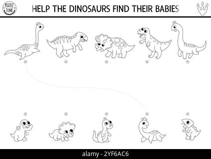 Dinosaurier in Schwarz und weiß, passend zu Aktivität mit niedlichen Tieren, Babys. Prähistorisches Linienpuzzle mit T-rex, triceratops, Plesiosaurier. Übergeordnetes Element und ch abgleichen Stock Vektor