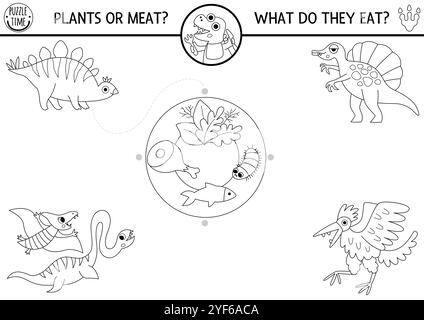 Schwarz-weiß-Dinosaurier-Aktivitäten mit niedlichen Tieren und Lebensmitteln, die sie essen. Prähistorisches Linienpuzzle oder Spiel mit Pterosaur, Stegosaur. Druckbar mit Stock Vektor