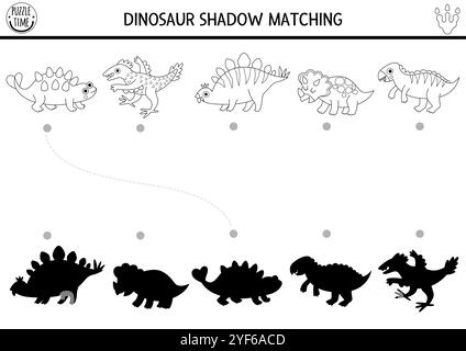 Schwarze und weiße Schattenseiten des Dinosauriers passen die Aktivität mit Tieren an. Prähistorisches Linienpuzzle mit Stegosaurier, triceratops. Suchen Sie die richtige Silhouette, die gedruckt werden kann Stock Vektor