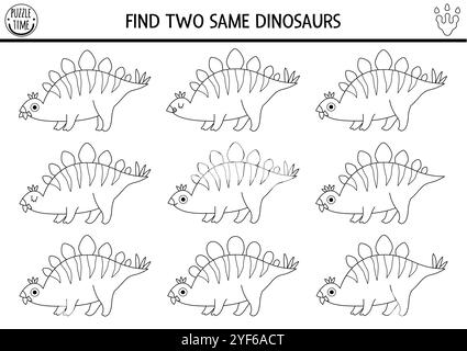 Finde zwei gleiche Dinosaurier. Prähistorische Schwarz-weiß-Matching-Aktivität. Dino Lehrinhalte Quiz, Arbeitsblatt für Kinder mit alten Tieren. Druckbar Stock Vektor