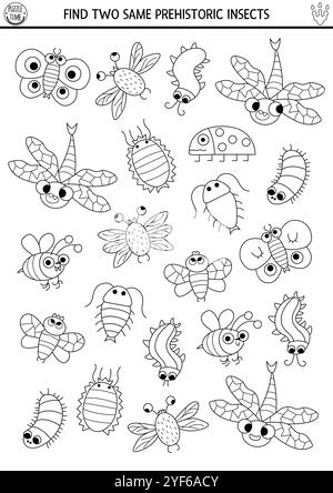 Finde zwei gleiche Insekten. Prähistorische Schwarz-weiß-Matching-Aktivität. Quiz-Arbeitsblatt für Dinosaurier-Lehrinhalte für Kinder mit alten Käfern. Druckbar g Stock Vektor