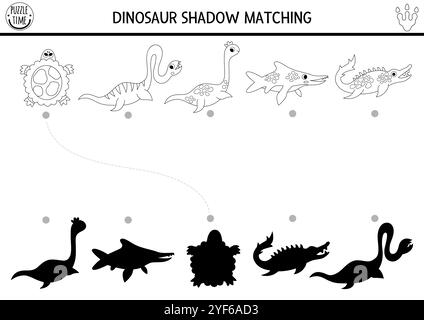Schwarze und weiße Dinosaurier-Schatten passen Aktivität mit Wassertieren an. Prähistorisches Linienpuzzle mit Plesiosaurier. Finden Sie die richtigen druckbaren Arbeiten für die Silhouette Stock Vektor