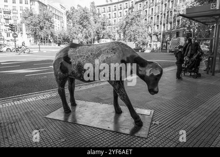 Madrid, Spanien. Januar 2022. Eine kuhförmige Skulptur, gemalt in der Madrider Kuhgalerie am 3. Noviembre, 2024 in Madrid, Spanien. Die Madrid Cow Gallery ist eine städtische Ausstellung mit Galeria Jorge Alcolea und dem Rathaus von Madrid. Quelle: SIPA USA/Alamy Live News Stockfoto