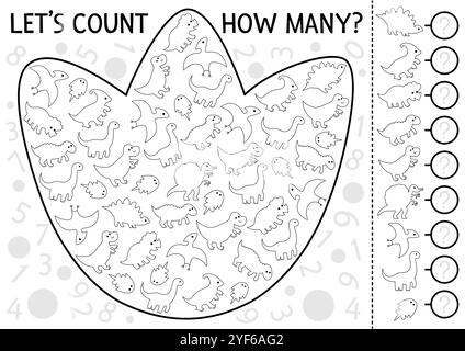 Schwarz-weiß-Dinosaurier-Spionagespiel für Kinder in Fußabdruckform. Suche und Zählung der Linienaktivität mit T-rex, Stegosaurier, triceratops. Prähistorisch Stock Vektor