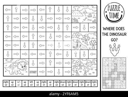 Dinosaurier schwarz-weiß Logiklabyrinth für Kinder mit triceratops. Prähistorische Vorschularbeit zum Ausdrucken. Labyrinth-Spiel oder Linienpuzzle mit links, rechts Stock Vektor