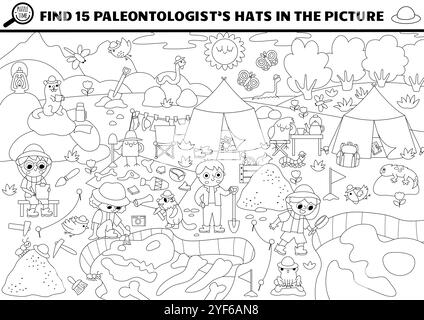 Vektor-Schwarz-weiß-Dinosaurier-Suche Spiel mit Paläontologen Graben Camp Landschaft. Versteckte Hüte im Bild erkennen. Prähistorische Wissenschaftlerlinie sucht einen Stock Vektor