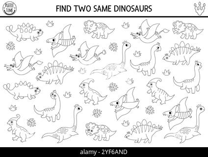 Finde zwei gleiche Dinosaurier. Prähistorische Schwarz-weiß-Matching-Aktivität für Kinder. Dino Land Lernquiz-Arbeitsblatt für Kinder mit antikem Tier Stock Vektor