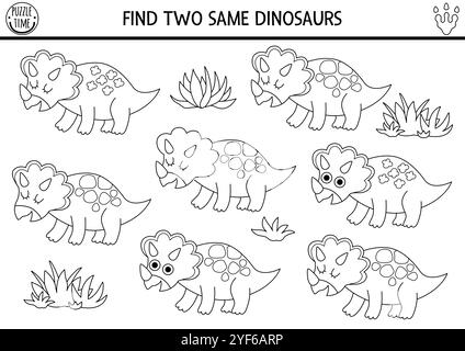 Finde zwei gleiche Dinosaurier. Prähistorische Schwarz-weiß-Matching-Aktivität. Dino Lehrinhalte Quiz, Arbeitsblatt für Kinder mit alten Tieren. Druckbar Stock Vektor