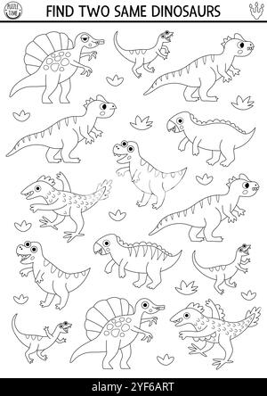 Finde zwei gleiche Dinosaurier. Prähistorische Schwarz-weiß-Matching-Aktivität. Dino Lehrinhalte Quiz, Arbeitsblatt für Kinder mit alten Tieren. Druckbar Stock Vektor