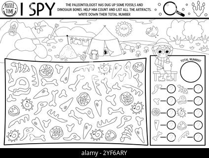 Dinosaurier schwarz-weiß-Spion-Spiel. Suche- und Zähllinienaktivität mit Paläontologen, Knochen, Fossilien. Prähistorisches druckbares Arbeitsblatt, Farbe Stock Vektor