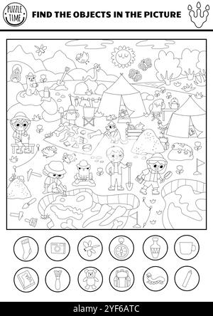 Vektor-Schwarz-weiß-Dinosaurier-Suche Spiel mit Paläontologen Graben Camp Landschaft. Verdeckte Objekte im Bild erkennen. Prähistorische Wissenschaftlerlinie SEEK Stock Vektor