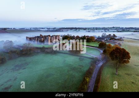 Raglan Castle im Nebel bei Sonnenaufgang, Monmouthshire, Wales, England Stockfoto