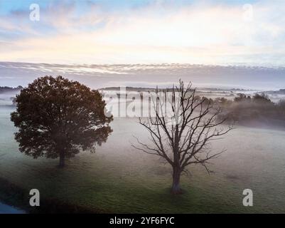 Felder und Bauernhöfe über Raglan Castle im Nebel der Dämmerung, Monmouthshire, Wales, England Stockfoto