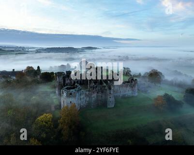 Raglan Castle im Nebel bei Sonnenaufgang, Monmouthshire, Wales, England Stockfoto