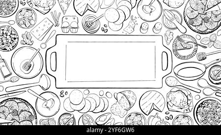 Vorlagenlinie für Kochflayer. Lebensmittelzutaten und Werkzeuge isoliert auf weißem Hintergrund. Küchenutensilien und Platz für Ihre SMS Stock Vektor