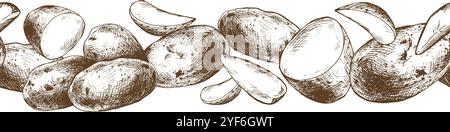 Kartoffeln ganz, halb, geschnitten, geschält und mit Keilen nahtlos umrandet. Grafische Abbildung, handgezeichnet mit brauner Tinte. EPS-Vektor zum Thema Erntekochen Stock Vektor