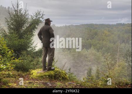 Im September steht ein einsamer Wanderer früh am Morgen auf einem Felsvorsprung und blickt hinunter auf den geheimnisvollen, nebelbedeckten Pfälzerwald. Stockfoto