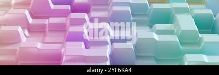 Pastellfarbener geometrischer Hintergrund mit 3D-Blöcken in Pink, Lila und Petrol. Moderner Look mit glatten Oberflächen, weicher und futuristischer Ästhetik. Ideal Stockfoto