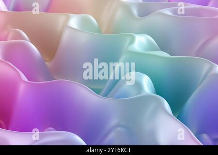 Pastellfarbener, welliger Farbverlauf mit glatter, fließender Textur. Sanfte Kurven in Rosa, Blau und Lila, die eine sanfte und ruhige Ästhetik schaffen. Ideal Stockfoto