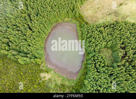 Blick aus der Vogelperspektive auf den See Lagoa Seca, zentrale Gegend von Pico Island - Azoren Stockfoto