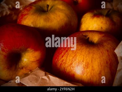 Stillleben mit fünf Äpfeln, umgeben von braunem Papier - Nahaufnahme Stockfoto