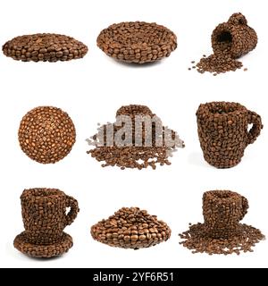 Neun Tassen und Platten Kaffee aus gerösteten Kaffeebohnen. Kaffeebohnen werden in Form einer Tasse oder Platte verklebt. Hochauflösendes Foto. Volle Abt. Stockfoto