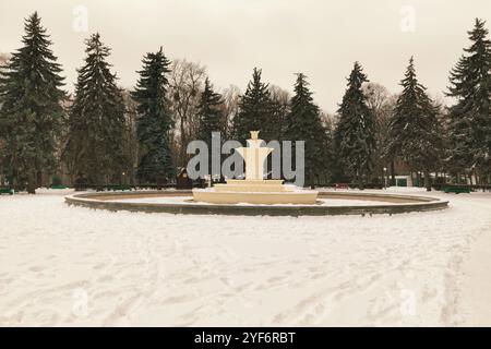 Park im Winter Vinnitsa. Zentraler Brunnen. Europäischer Platz, Vinnitsa, Ukraine, Platz. Hochwertige Fotos Stockfoto