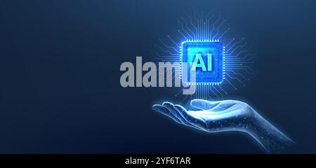 Chip mit KI-Buchstaben in der Hand. KI-Technologie, Roboterkern, elektrische Leitung Stock Vektor
