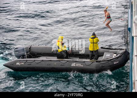 Ein Tourist der hellenischen Bootstour SH Vega Swan, der einen Polarsprung in die eiskalten Gewässer Islands macht Stockfoto