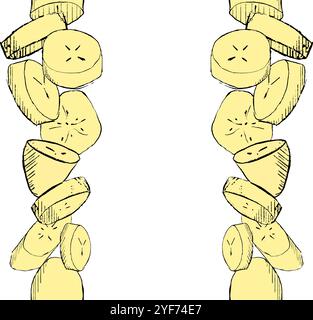 Bananenstücke Snack vertikaler, nahtloser Rahmen. Vektorgrafik tropische frische Bananenscheibe geschnittene Frucht. Nationaler Bananentag Stock Vektor