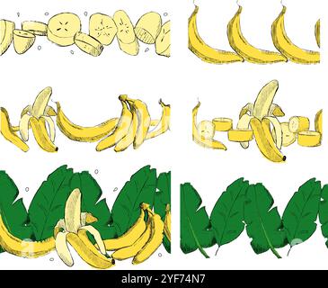 Bananen, Scheiben und tropische Blätter Vektorgrenzen. Horizontaler, nahtloser Rahmensatz. Vektorabbildung in Grafik Stock Vektor