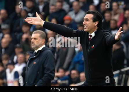 London, Großbritannien. November 2024. Unai Emery, der Manager von Aston Villa, reagiert. Premier League-Spiel, Tottenham Hotspur gegen Aston Villa im Tottenham Hotspur Stadium in London am Sonntag, den 3. November 2024. Dieses Bild darf nur für redaktionelle Zwecke verwendet werden. Foto nur für redaktionelle Verwendung von Sandra Mailer/Andrew Orchard Sportfotografie/Alamy Live News Credit: Andrew Orchard Sportfotografie/Alamy Live News Stockfoto