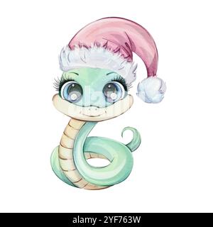 Eine entzückende und süße grüne Schlange festliche Schlange mit Weihnachtsmütze für die fröhliche Weihnachtszeit. Symbol des chinesischen Neujahrs 2025 in niedlichem Zeichentrick Stock Vektor