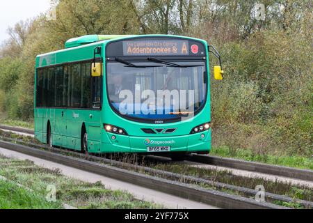 Ein Stagecoach-Bus, der auf dem Cambridgeshire Guided Busway durch den RSPB Fen Drayton Lakes in England, Großbritannien fährt Stockfoto