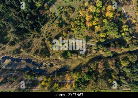 Aus der Vogelperspektive eines botanischen Gartens sehen Sie verschiedene Bäume und Pflanzen in grünen und herbstlichen Tönen, gewundene Wege und ein kleines Gewässer. Stockfoto