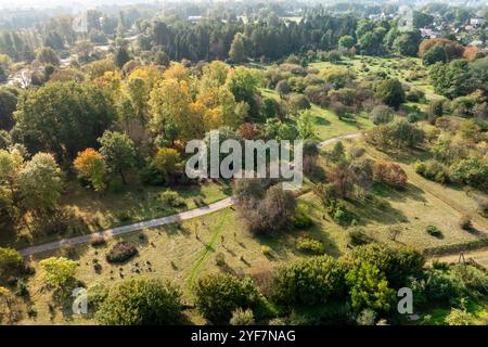 Aus der Vogelperspektive eines botanischen Gartens sind verschiedene Bäume und Sträucher in Grün- und Herbsttönen zu sehen. Ein gewundener Pfad durchquert die Landschaft, die Grenze Stockfoto