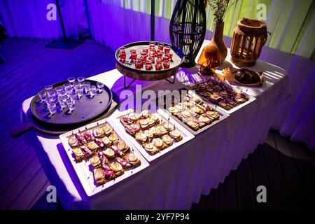 An einem Buffettisch werden Häppchen auf Tellern und Getränke in kleinen Gläsern serviert. Violette Beleuchtung und dekorative Elemente sorgen für eine formelle Atmosphäre. Stockfoto