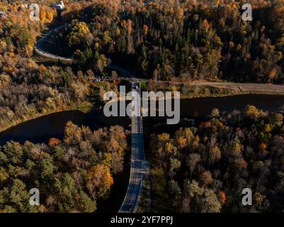 Eine Luftaufnahme zeigt eine Brücke über einen Fluss in Sigulda, Lettland, umgeben von einem dichten Wald mit lebhaften Herbstfarben und einer gewundenen Straße. Stockfoto